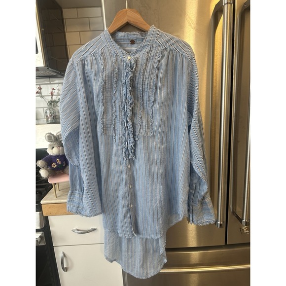 Free People One Drew Tuxedo Shirt Blue White Stripe Raw Hem Boho Y2K Belt 4 Dres - Picture 2 of 12
